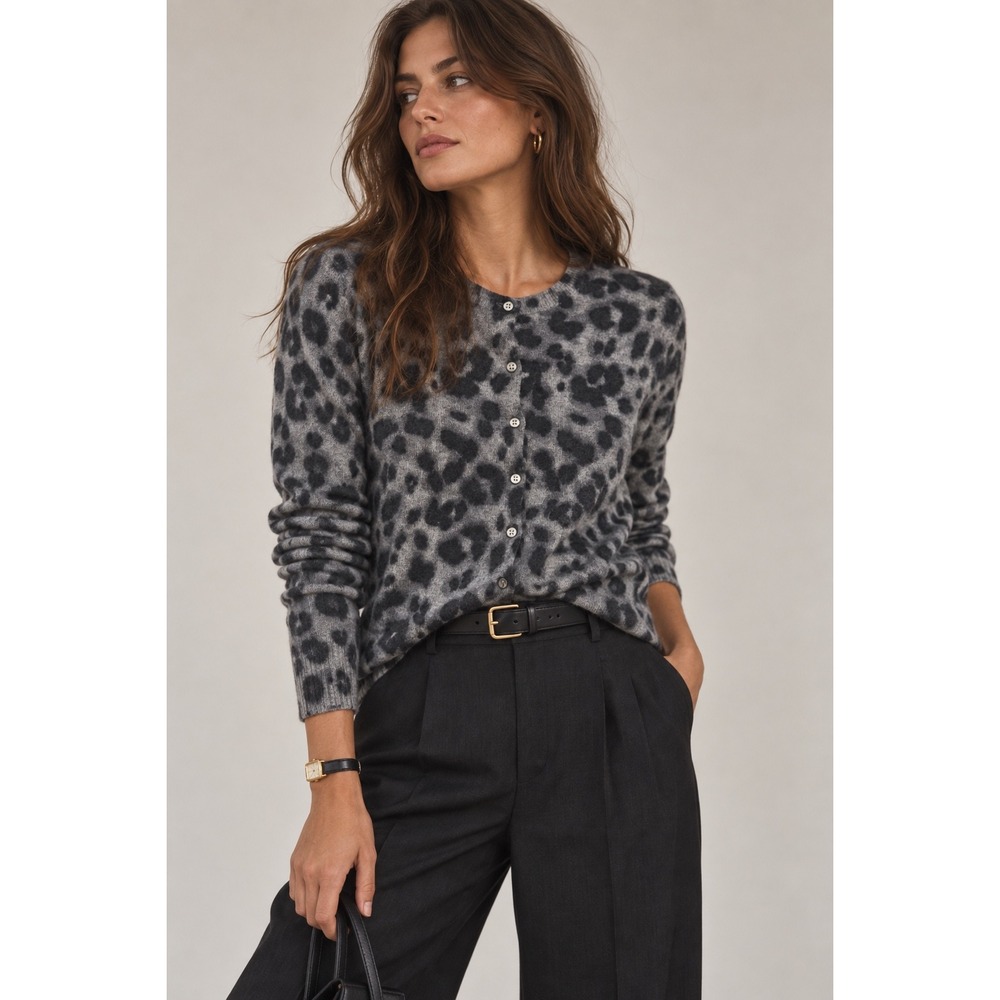 Apt. 9 Womens 100% Cashmere Leopard Print Button Front Cardigan Sweater Grey M